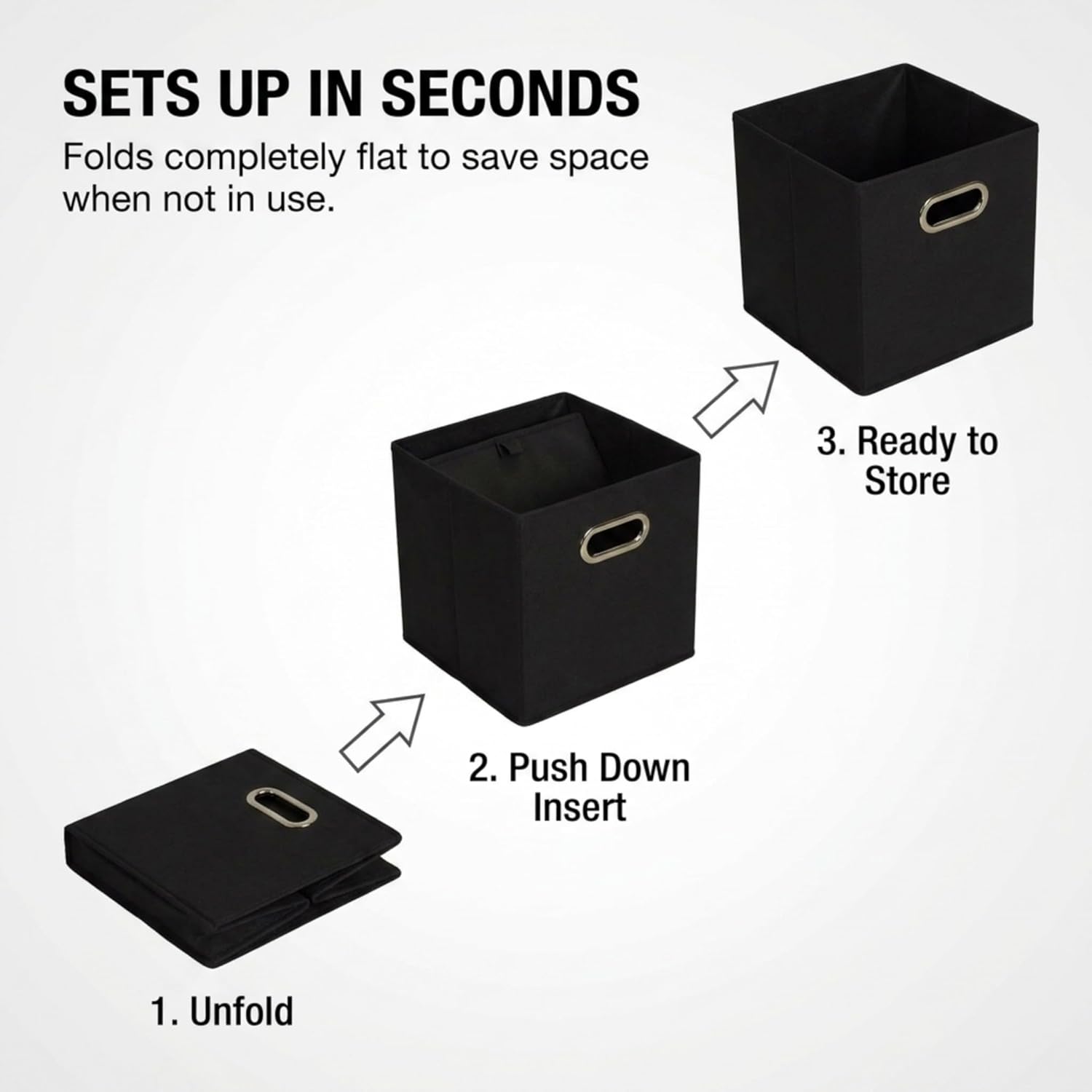 Household Essentials Foldable Fabric Storage Bins 6 Piece Set. Strong Poly-Woven Fabric. Sturdy Chipboard Sides. Grommet Front Handle. Stackable. Classic Design. Black - Image 3
