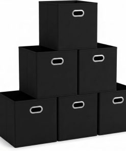 Household Essentials Foldable Fabric Storage Bins 6 Piece Set. Strong Poly-Woven Fabric. Sturdy Chipboard Sides. Grommet Front Handle. Stackable. Classic Design. Black