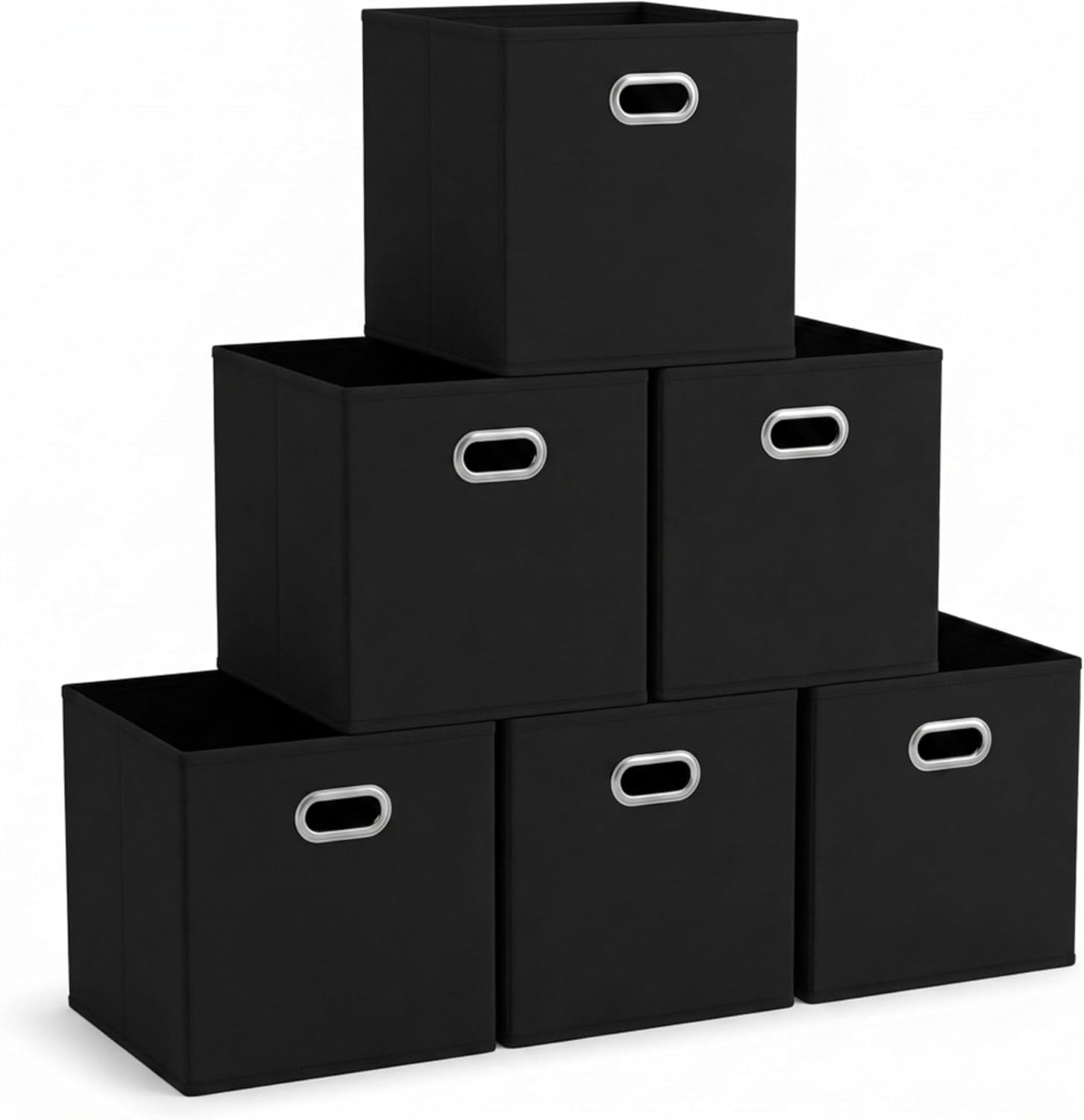 Household Essentials Foldable Fabric Storage Bins 6 Piece Set. Strong Poly-Woven Fabric. Sturdy Chipboard Sides. Grommet Front Handle. Stackable. Classic Design. Black