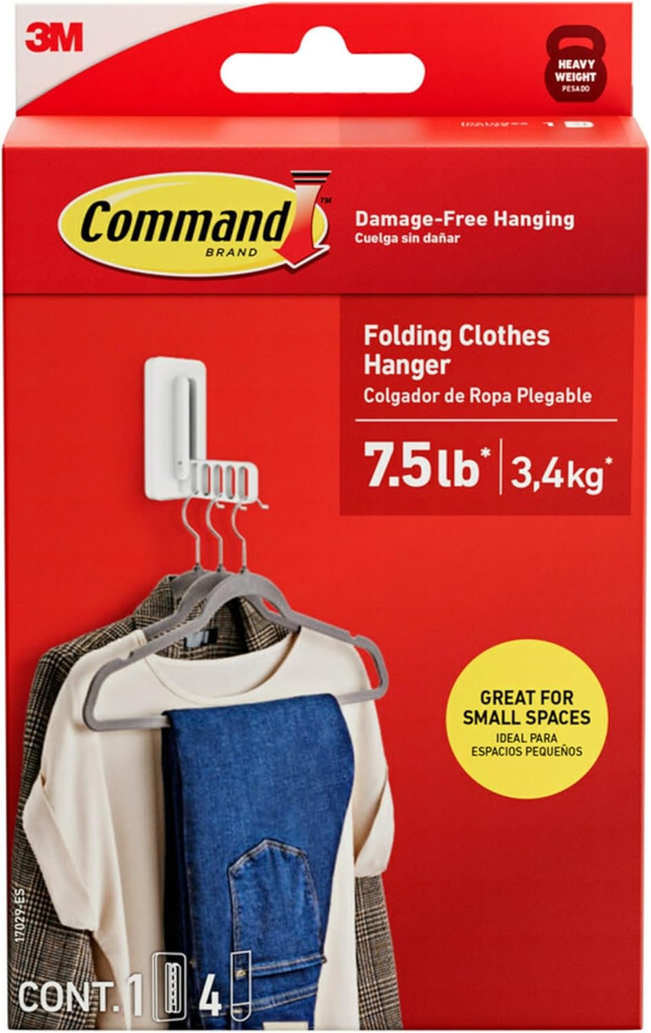 Command Folding Clothes Hanger. Holds up to 5 Hangers 7.5 lb. 1.5lbs per Rung. 1 Hook with 5 Rungs. 4 Strips. Closet Organizer. Home Organization
