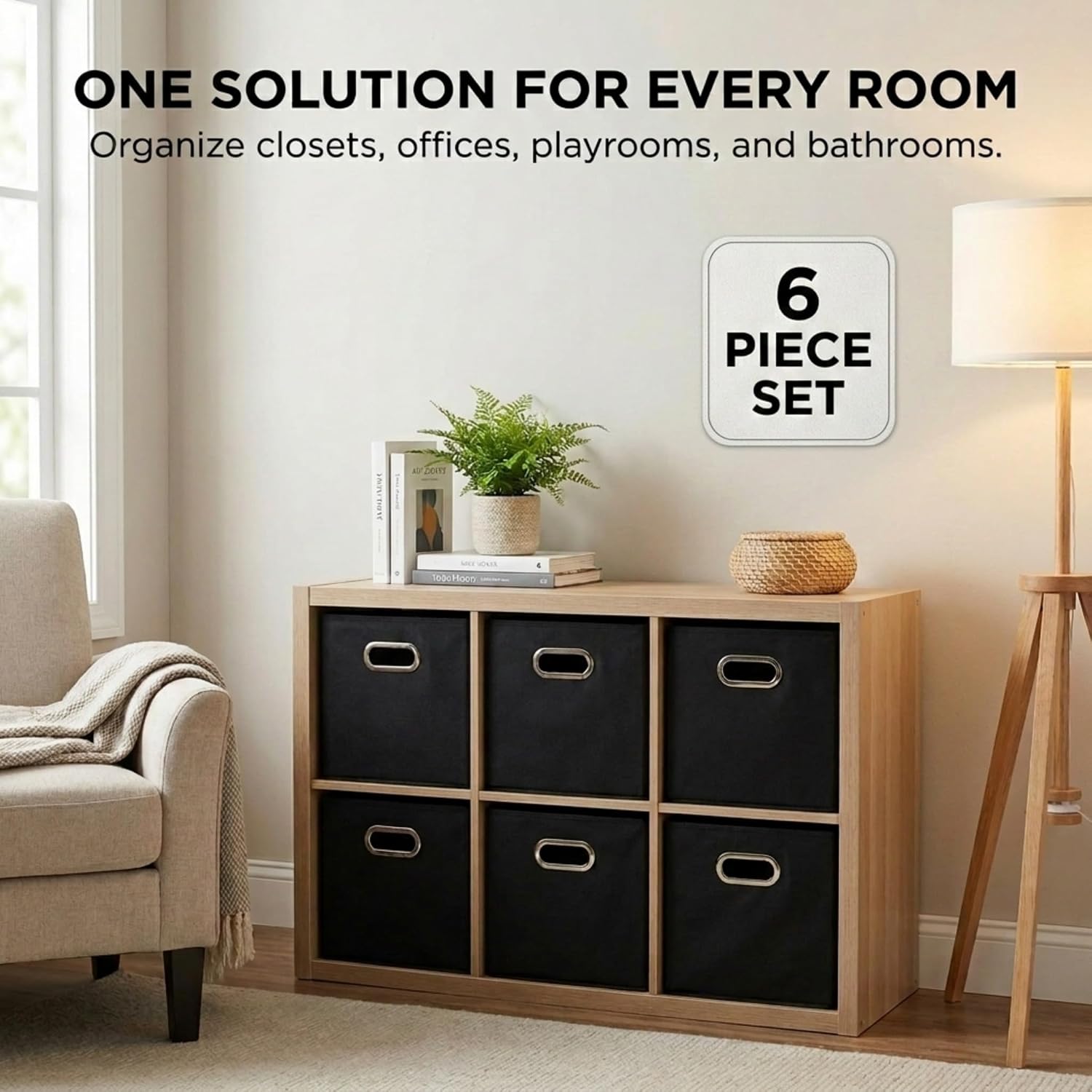 Household Essentials Foldable Fabric Storage Bins 6 Piece Set. Strong Poly-Woven Fabric. Sturdy Chipboard Sides. Grommet Front Handle. Stackable. Classic Design. Black - Image 6