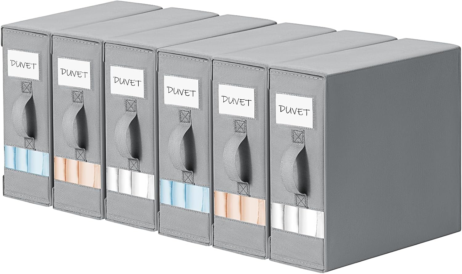 DIMJ Bed Sheet Organizers and Storage 6 Pack - Foldable Sheet Holder. Linen Closet Organizer Box for Sheets Set. Bedding. Blankets. Towel (King & Queen Size). Grey