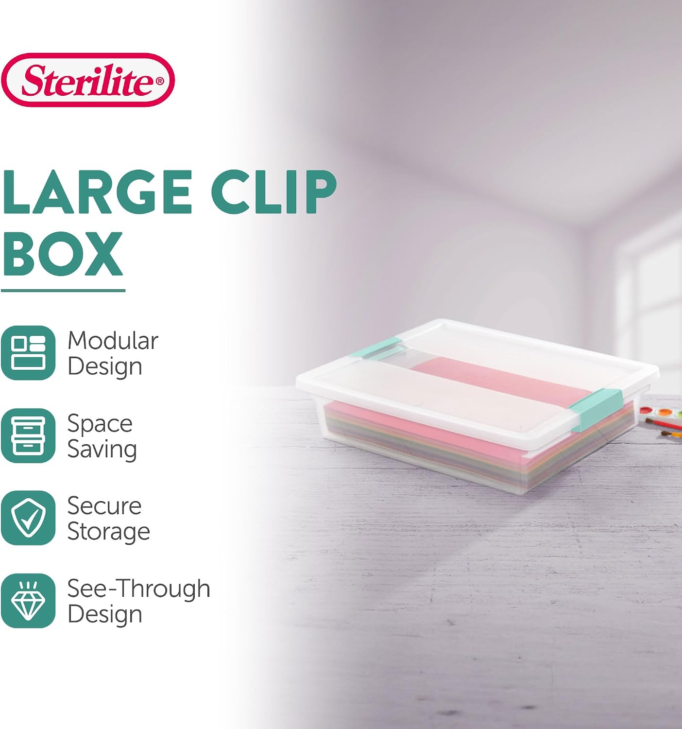 Sterilite 6-Pack Clip Box. Stackable Clear Plastic Bins with Latching Lids. Large - Writing. Arts or Crafts Supplies Storage Containers for Home. Office. Classroom and Workshop Organization - Image 2