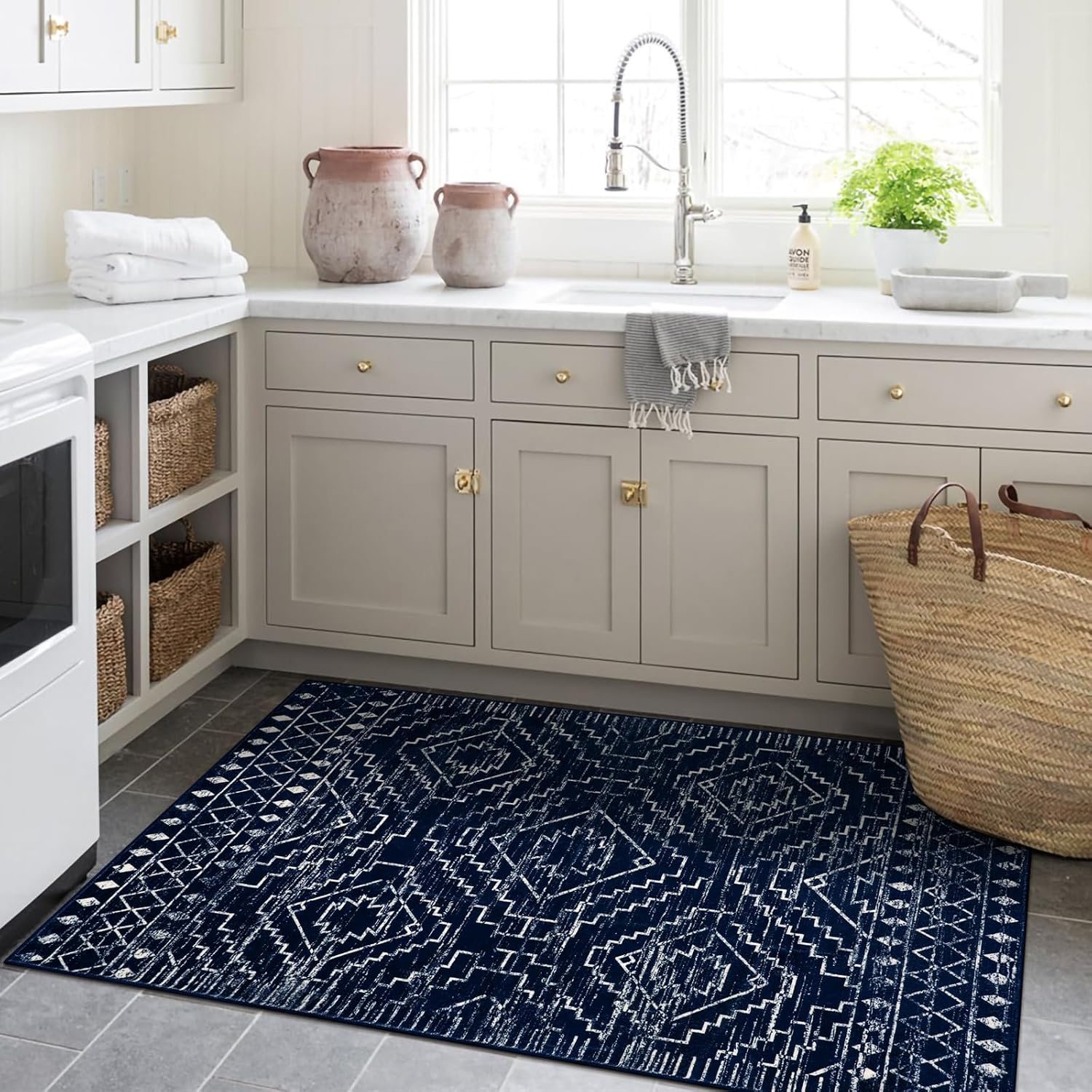 Wonnitar Moroccan Washable Rug 3x5. Blue Non-Slip Entryway Area Rug. Soft Farmhouse Bedroom Throw Mat. Geometric Low Pile Scandinavian Accent Carpet for Entry Kitchen Basement (Blue.3'x5') - Image 3