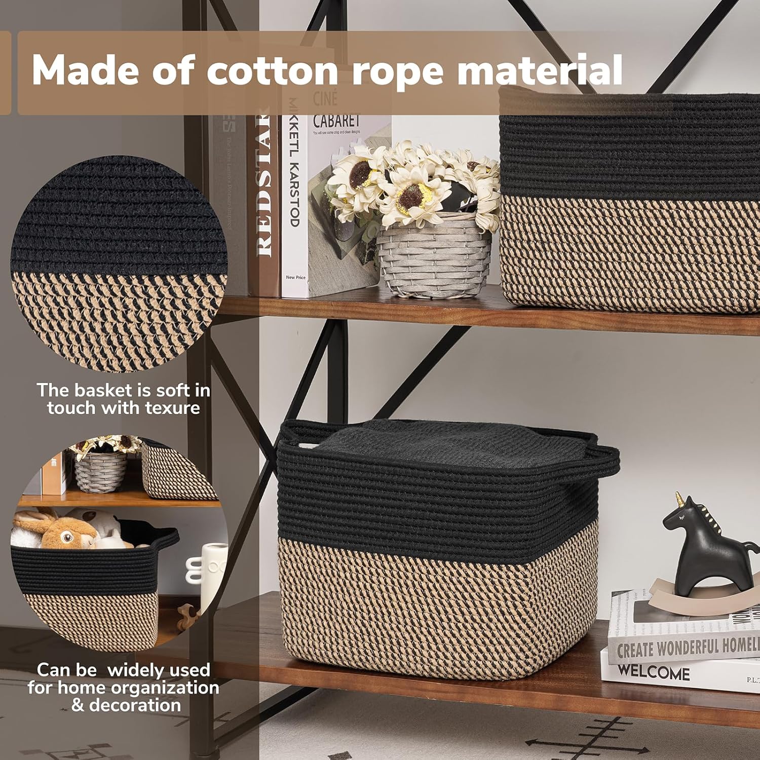 Goodpick Cube Storage Bins - Towel. Book. Cloth. Shoes. Closet Shelf Woven Baskets for Office. Baby Laundry. Toys. 13''x10''x9'' - Image 4