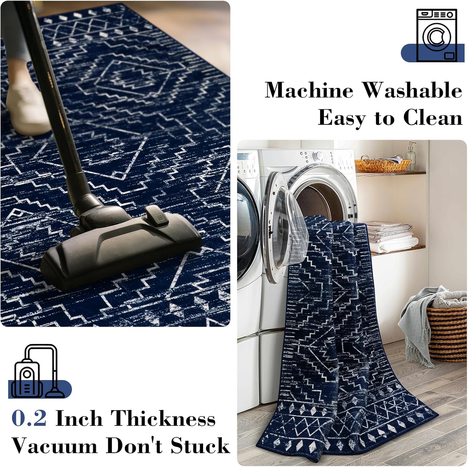 Wonnitar Moroccan Washable Rug 3x5. Blue Non-Slip Entryway Area Rug. Soft Farmhouse Bedroom Throw Mat. Geometric Low Pile Scandinavian Accent Carpet for Entry Kitchen Basement (Blue.3'x5') - Image 6