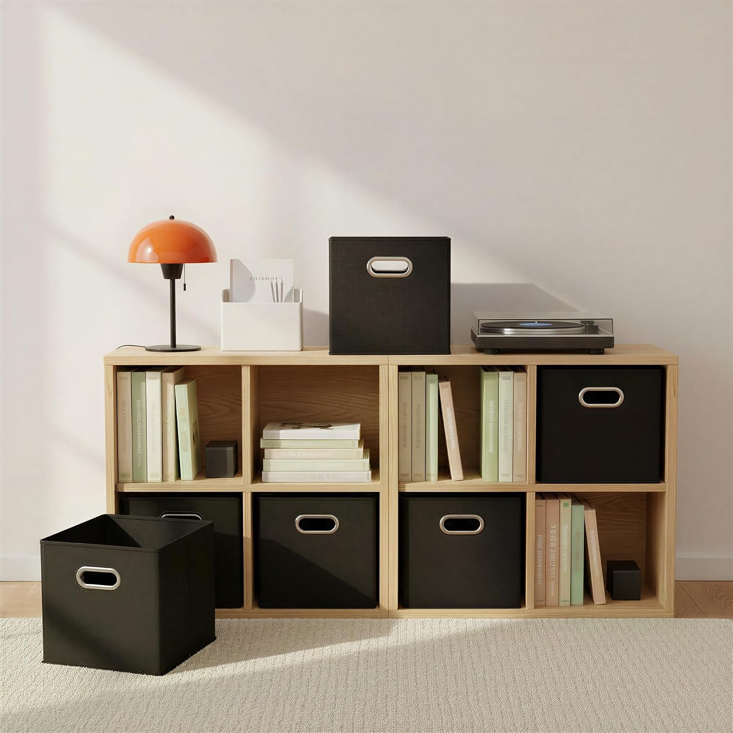 Household Essentials Foldable Fabric Storage Bins 6 Piece Set. Strong Poly-Woven Fabric. Sturdy Chipboard Sides. Grommet Front Handle. Stackable. Classic Design. Black - Image 8