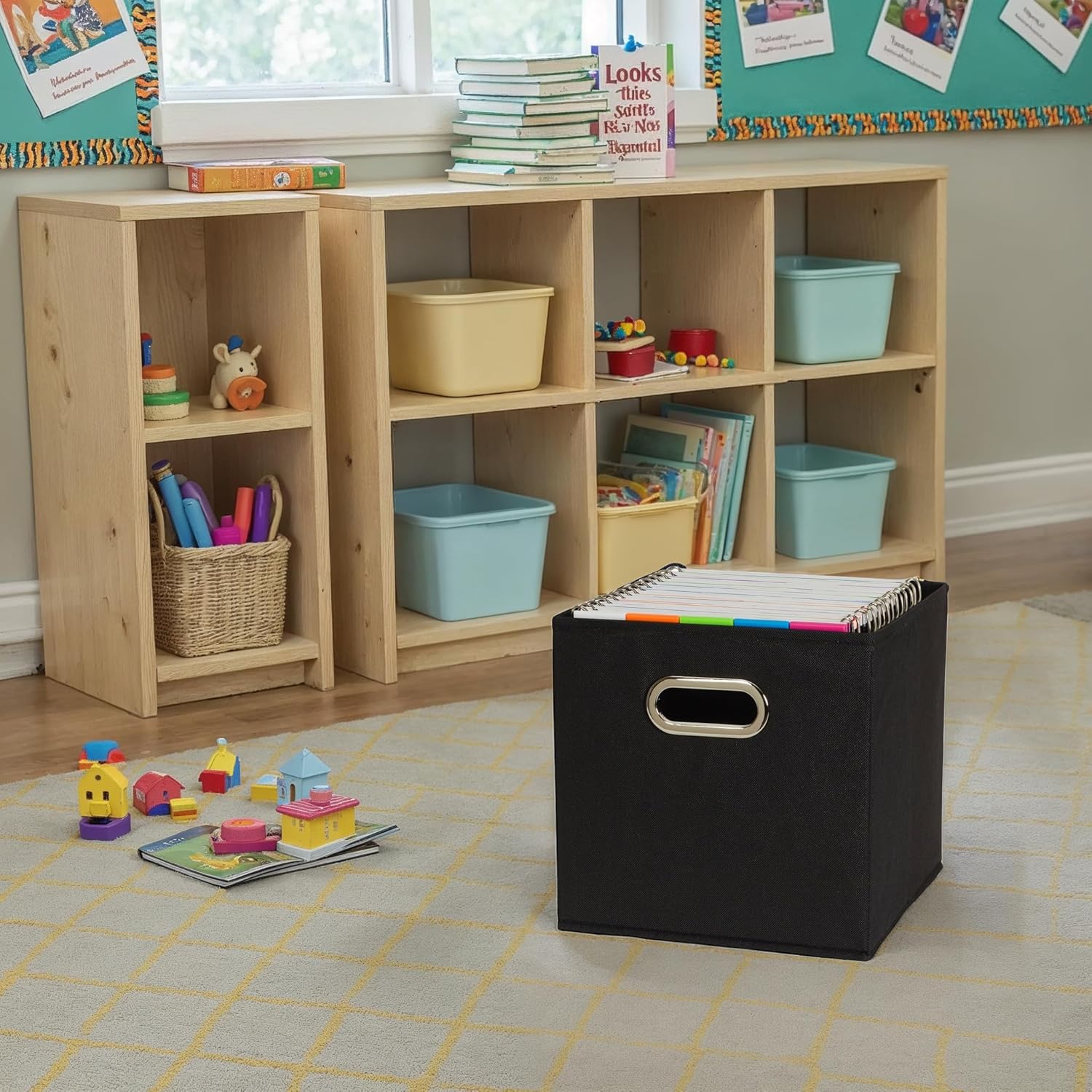 Household Essentials Foldable Fabric Storage Bins 6 Piece Set. Strong Poly-Woven Fabric. Sturdy Chipboard Sides. Grommet Front Handle. Stackable. Classic Design. Black - Image 7