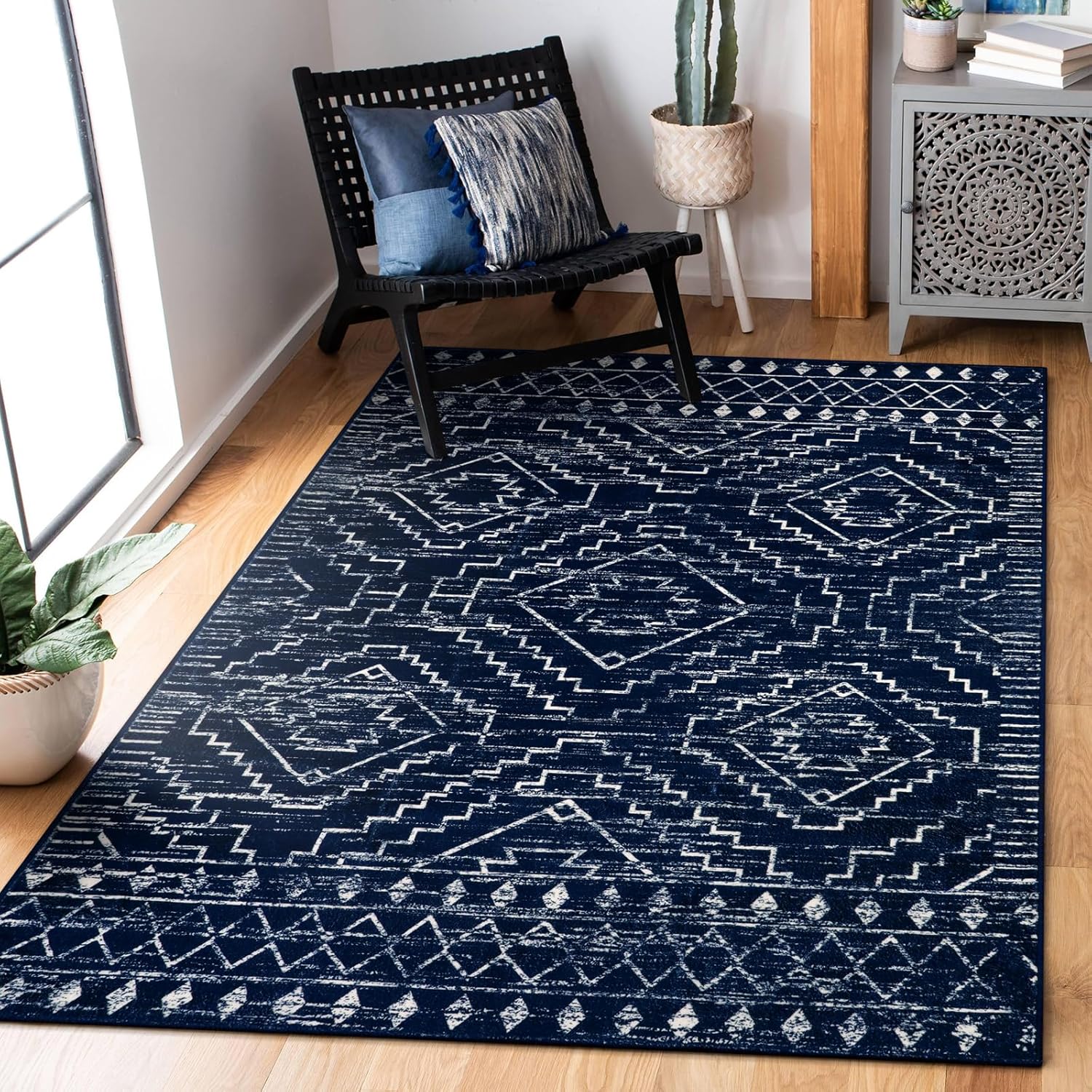 Wonnitar Moroccan Washable Rug 3x5. Blue Non-Slip Entryway Area Rug. Soft Farmhouse Bedroom Throw Mat. Geometric Low Pile Scandinavian Accent Carpet for Entry Kitchen Basement (Blue.3'x5')