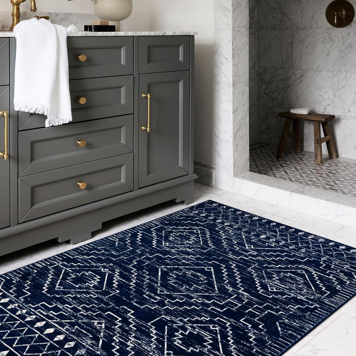 Wonnitar Moroccan Washable Rug 3x5. Blue Non-Slip Entryway Area Rug. Soft Farmhouse Bedroom Throw Mat. Geometric Low Pile Scandinavian Accent Carpet for Entry Kitchen Basement (Blue.3'x5') - Image 8