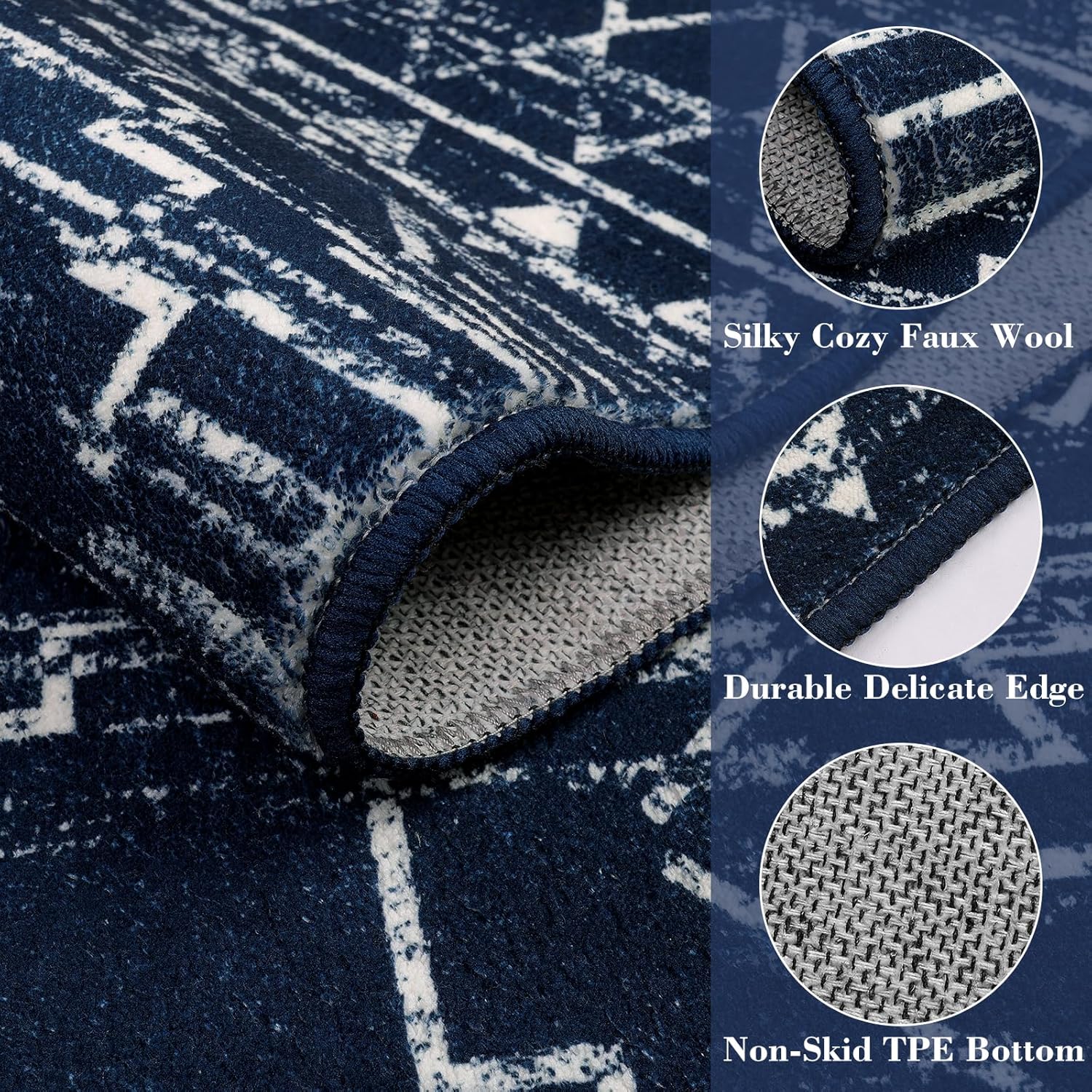 Wonnitar Moroccan Washable Rug 3x5. Blue Non-Slip Entryway Area Rug. Soft Farmhouse Bedroom Throw Mat. Geometric Low Pile Scandinavian Accent Carpet for Entry Kitchen Basement (Blue.3'x5') - Image 5